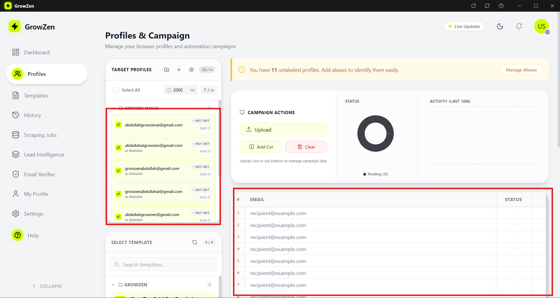 Select profiles and upload leads