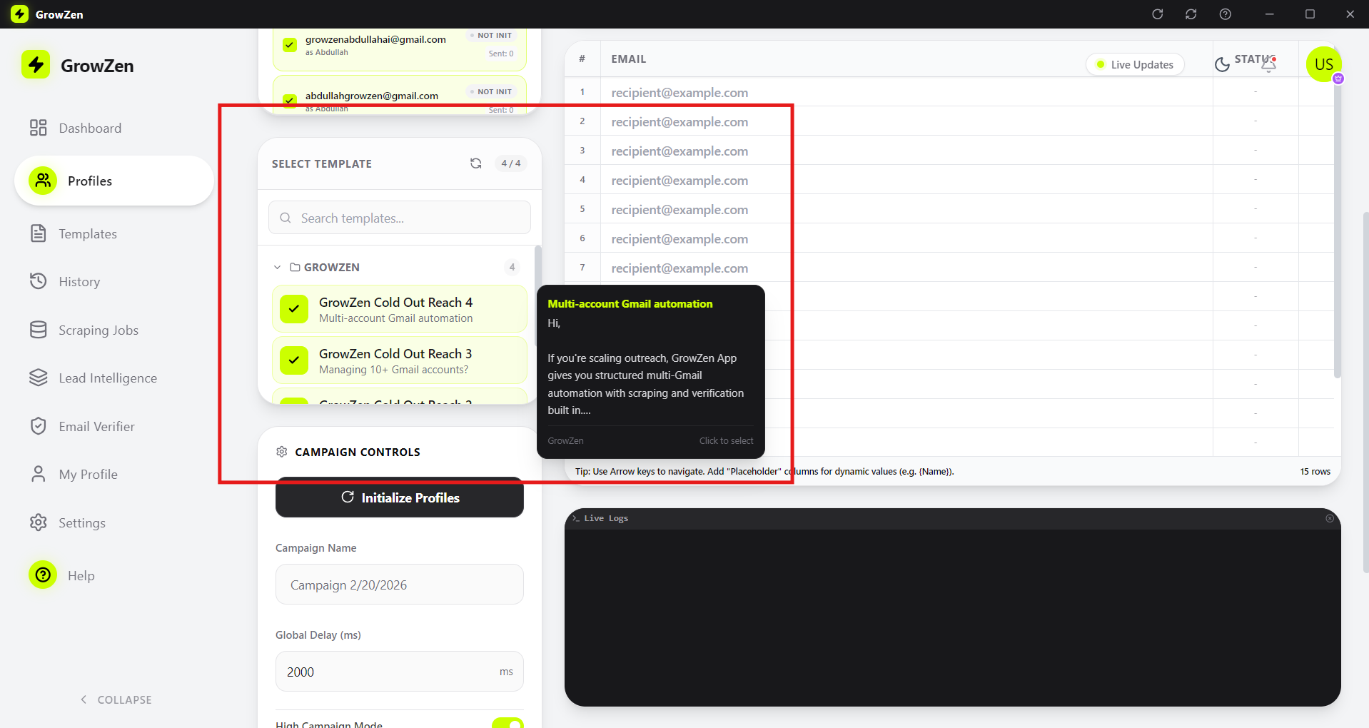 Select saved templates